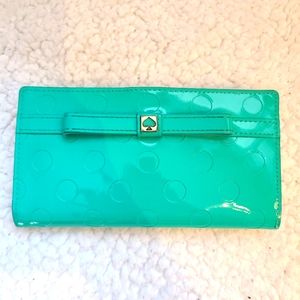 Kate Spade green polka dot patent vegan leather wallet